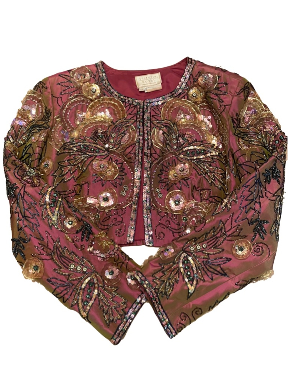 Victoria Royal Iridescent Silk Heavily Beaded Jacket Magenta Antique Gold